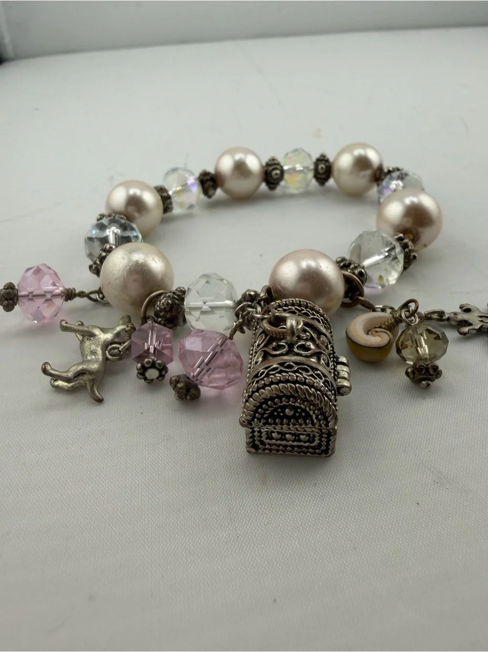 Vintage Faux Pearl Crystal Charm Bracelet Treasure Chest Dog Lizard Bracelet